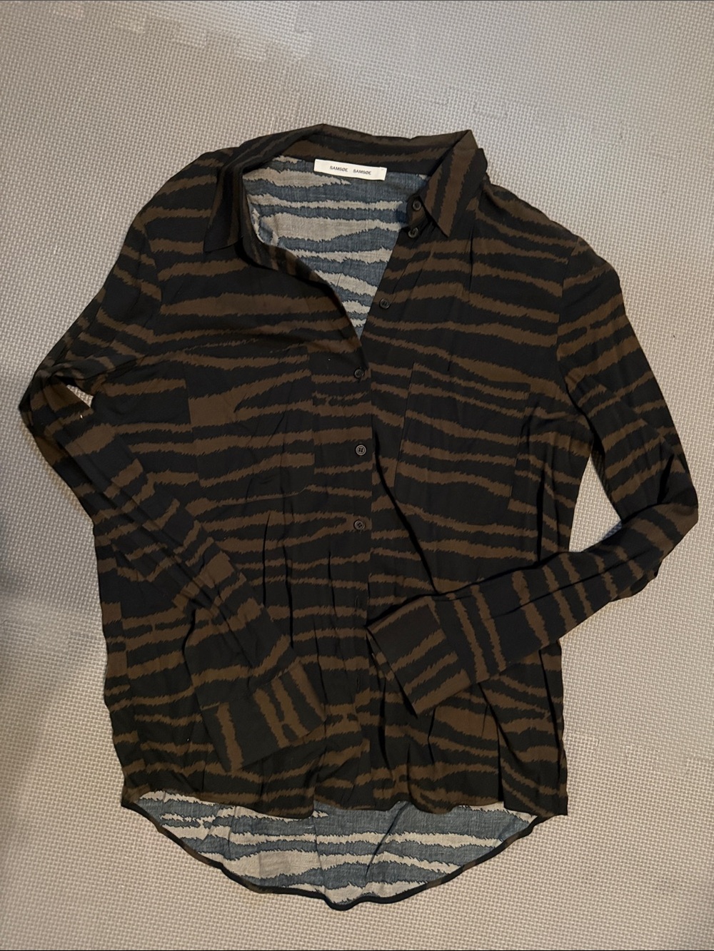 Samsoe Samsoe Brown and Black Zebra-Stripe Button-Up Sweater